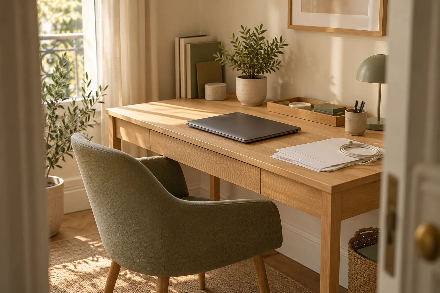Un espace de travail harmonieux en bois clair et tons naturels.
