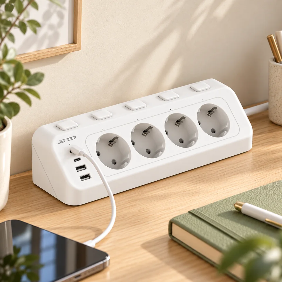 Mise en situation : Jsver — multiprise d’angle blanche et USB.