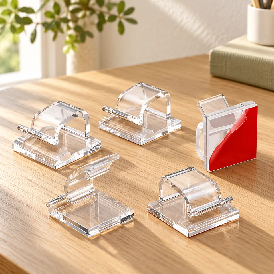 Mise en situation : Abnii — cent clips transparents adhésifs.