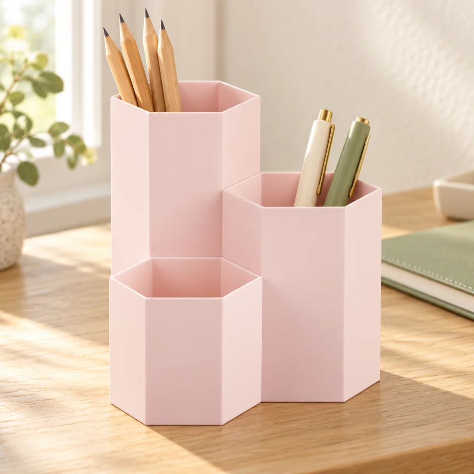 Mise en situation : AhfuLife — rangement rose à trois alvéoles hexagonales.