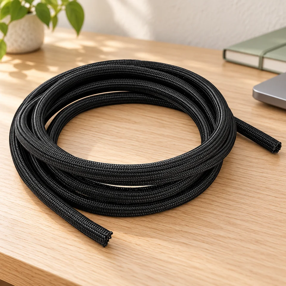Mise en situation : Amazon Basics — manchon range-câbles recoupable de 3 m.