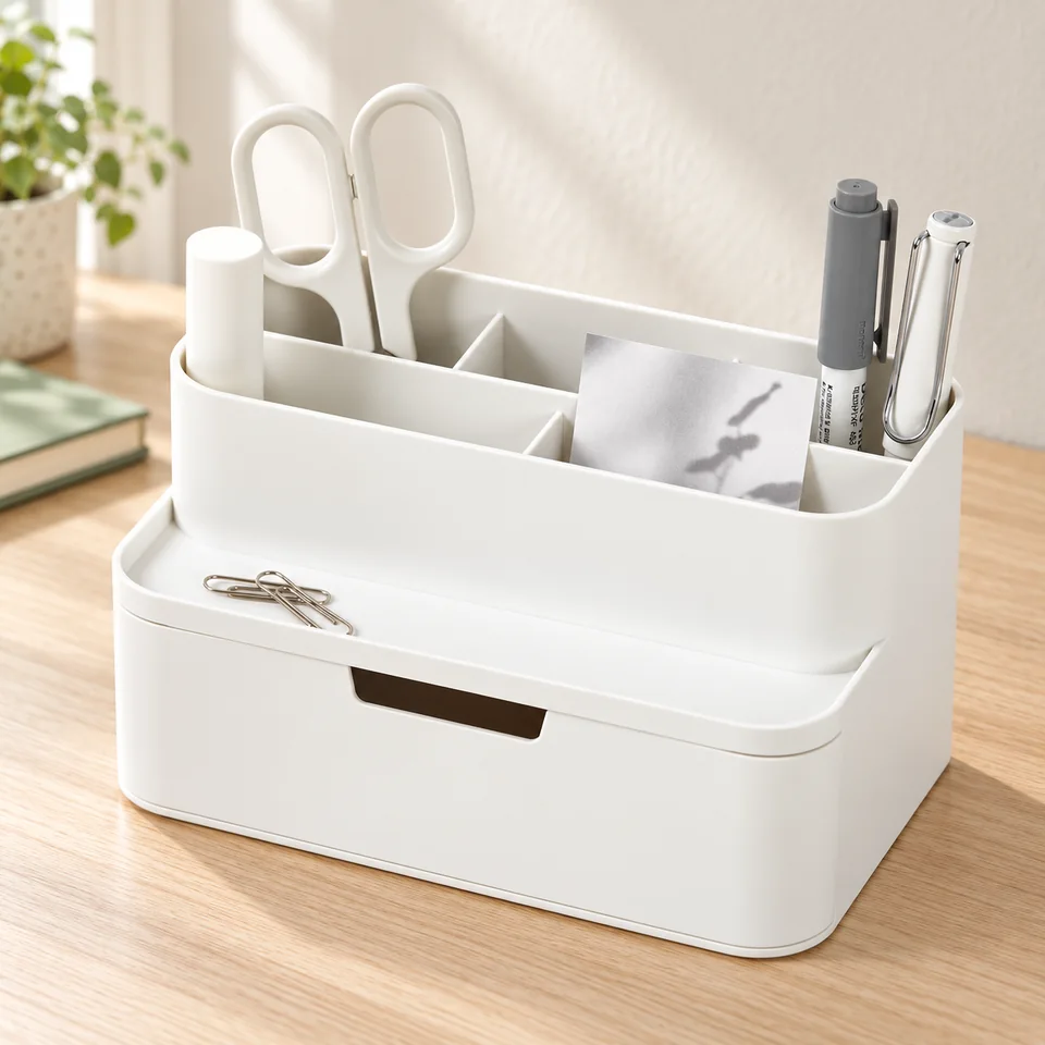 Mise en situation : BLUE GINKGO — organiseur compact blanc avec demi-tiroir.