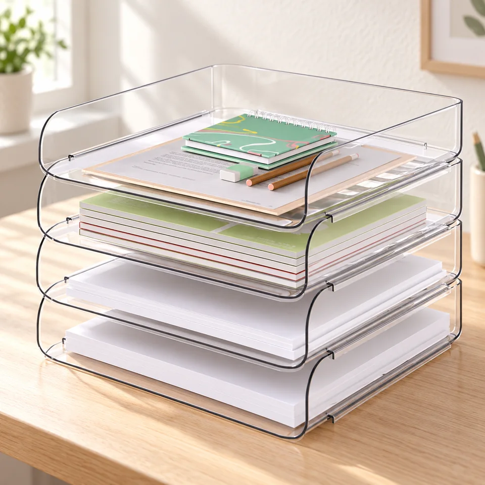 Mise en situation : Tomorotec — quatre bacs A4 transparents empilables.